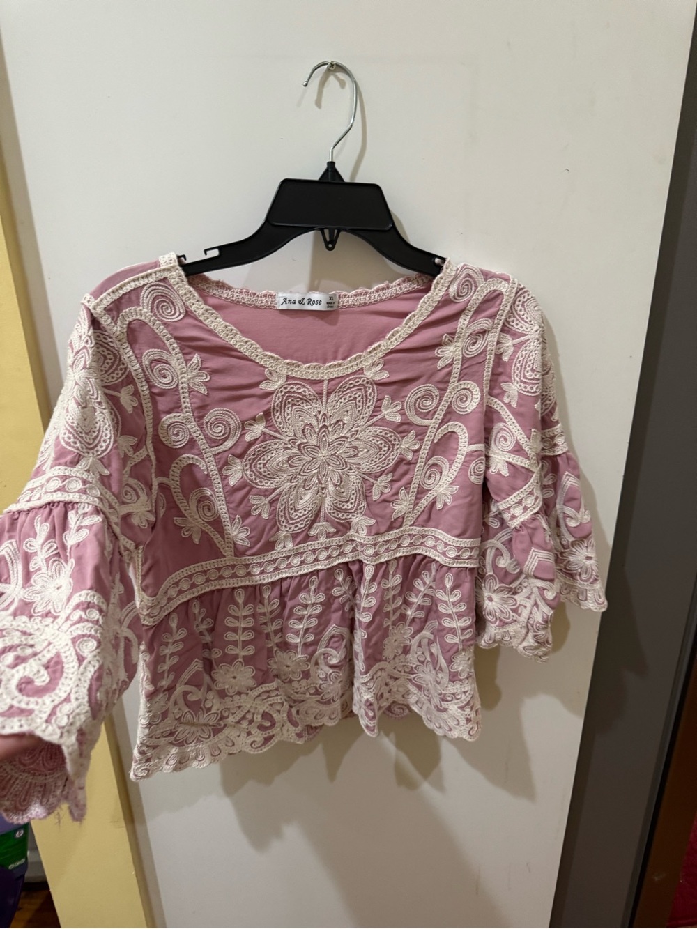 Pink Embroidered Lace-Trim Peasant Top